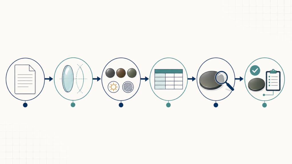 Illustrated CR-39 sun lens RFQ workflow from specification through sample approval