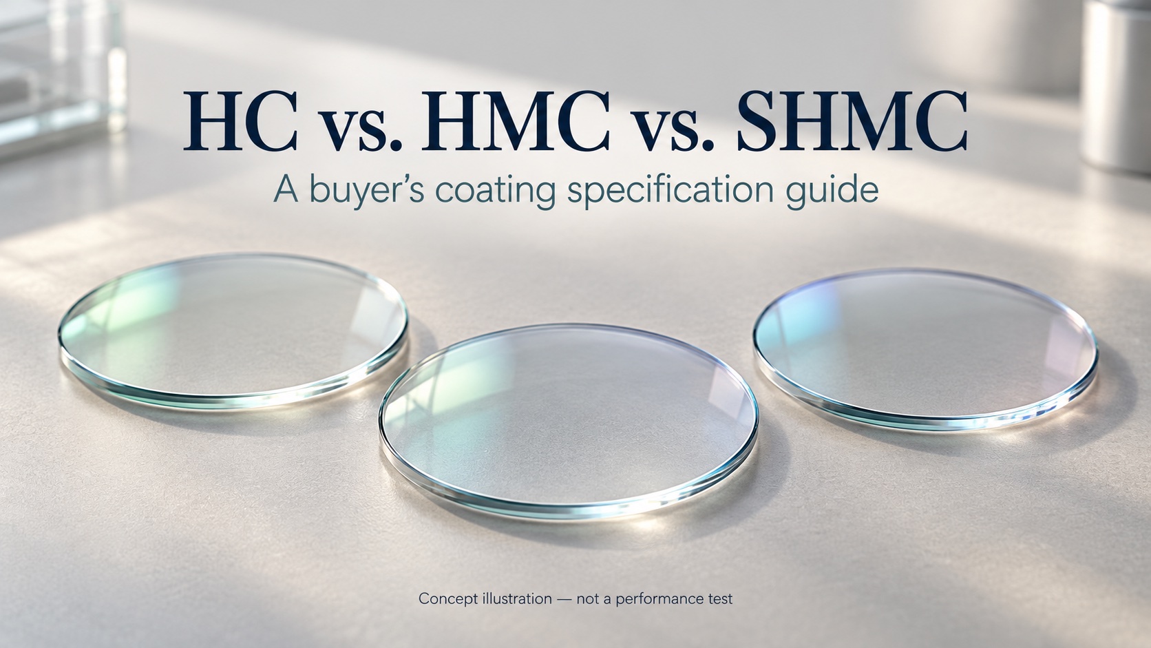 Concept illustration of spectacle lenses for a comparison of HC, HMC and SHMC coating specifications.