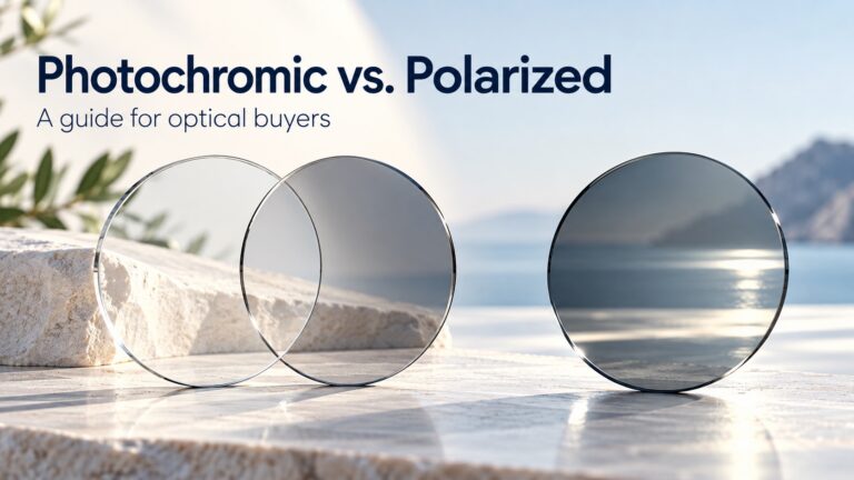 Concept illustration of clear and gray spectacle lenses for a photochromic versus polarized lens comparison.