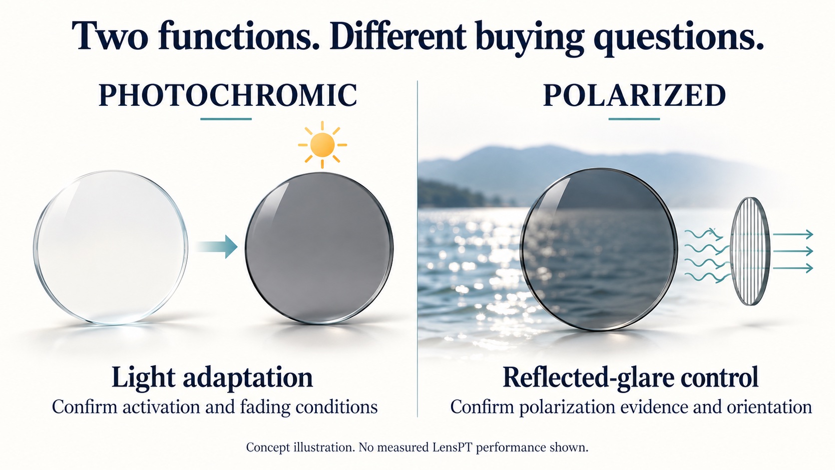 Concept comparison of photochromic light adaptation and polarized reflected-glare control, with purchasing questions for each function.